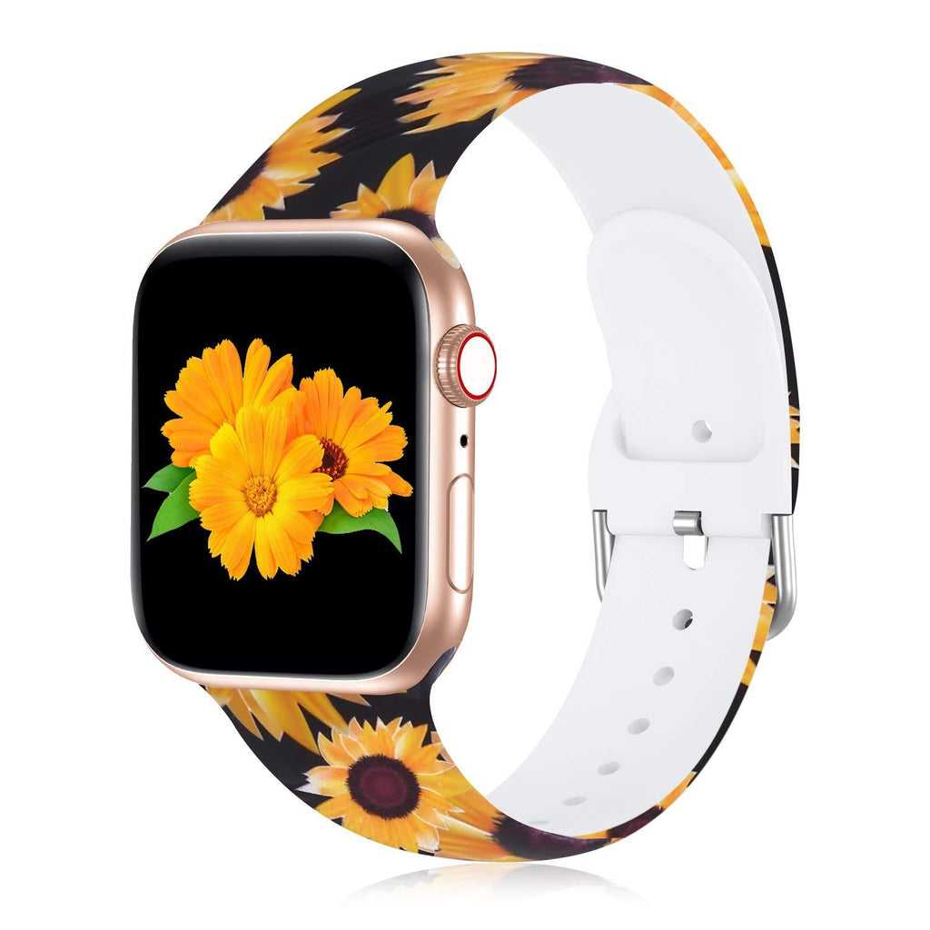 Seizehe Compatible with Apple Watch Band 38mm 40mm 42mm 44mm SE Series 6 Series 5, Silicone Floral Pattern iWatch Bands 38mm 40mm 42mm 44mm Womens Compatible for iWatch SE Series 6 5 4 3 2 1 01-Sunflower