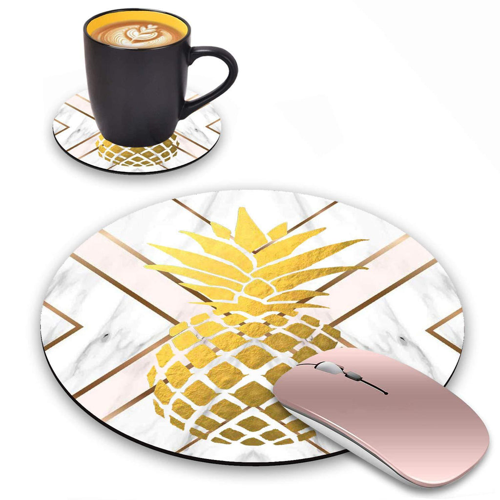 LACOMA Round Mouse Pad and Coasters Set, Gold Foil Pineapple White Marble Design Mouse Pad, Non-Slip Rubber Base Mouse Pads for Laptop and Computer, Cute Design Desk Accessories La-mp-09