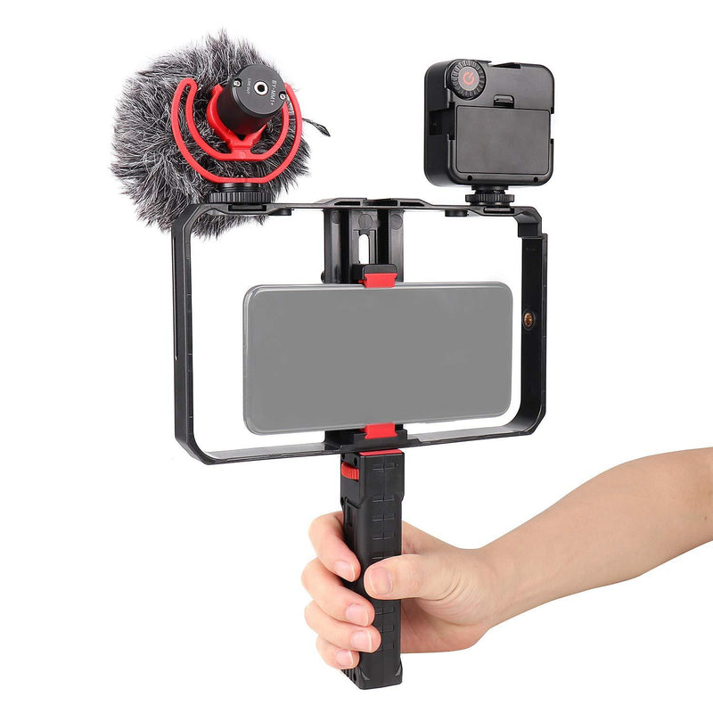 FocusFoto Smartphone Video Rig Camera Cage Mount Holder Stabilizer (Removable Handle Grip Version) with BOYA by-MM1 Microphone Mic + 49 LED Light Kit for Mobile Phone iPhone Filmmaking Videomaker