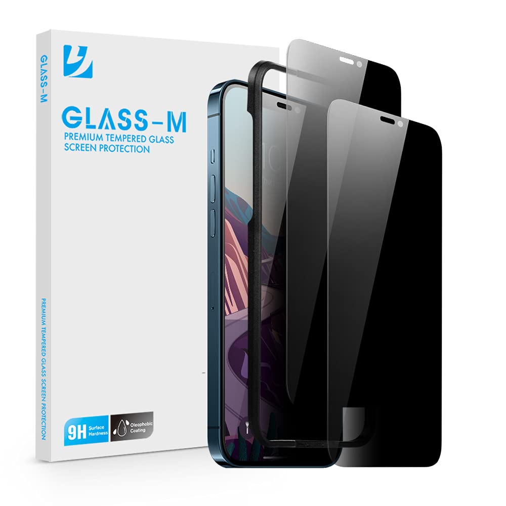 [2 Pack] GLASS-M Privacy Screen Protector for iPhone 12 Pro Max, Anti-Spy Tempered Glass with Easy Installation Frame, Anti-Peep Screen Cover