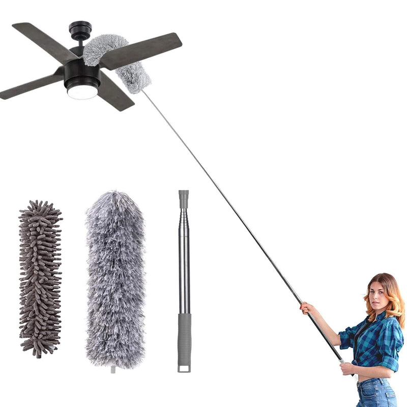 [AUSTRALIA] - Microfiber Duster for Cleaning, 100" Extension Pole Telescoping Duster, Bendable & Washable Dusters for Clean Cobwebs, Ceiling Fan, High Ceiling, Blinds, Furniture, Cars Gray 