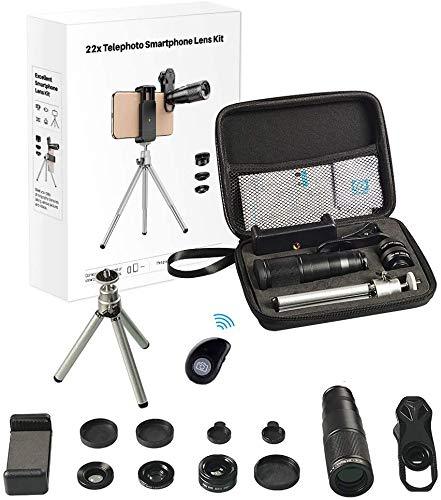 Cyclotronix Phone Lens Kit 6 in 1, 22X Telephoto Lens, Remote Control Shutter, 205° Fisheye Lens, 120° Wide Angle Lens & 25X Macro Lens, Compatible with iPhone 11 8 7 6 6s Plus X Xs/Max XR Samsung