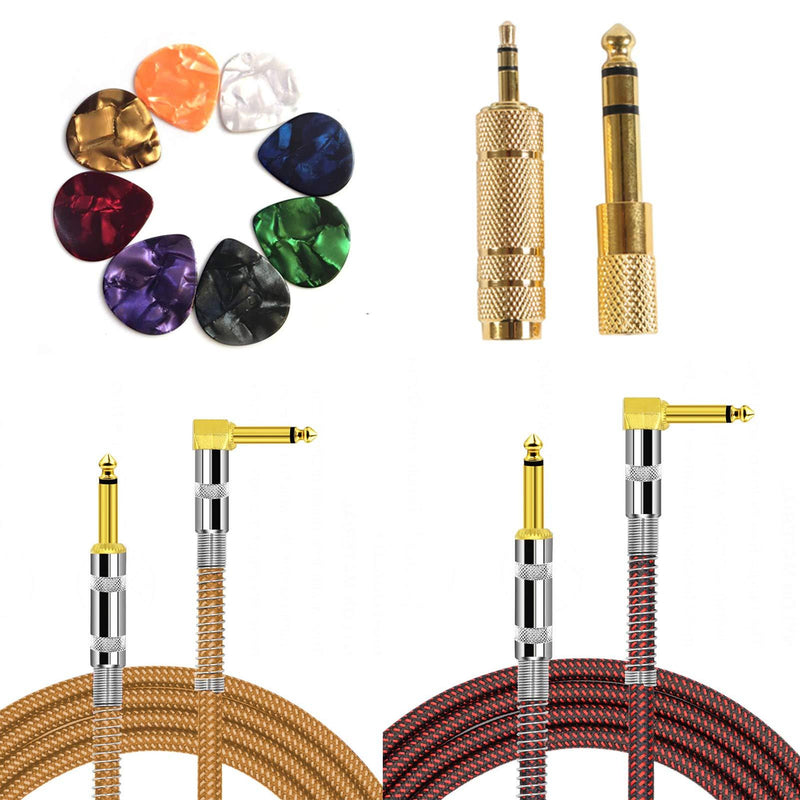 2 Pack Electric Guitar Instrument Cable 10FT, Right Angle 1/4 Inch TS to Straight 1/4 Inch TS Gold Plated 6.35mm Guitar Cord, Gold Plated 3.5mm&6.5mm Stereo Adapter, 9 Picks WMMM