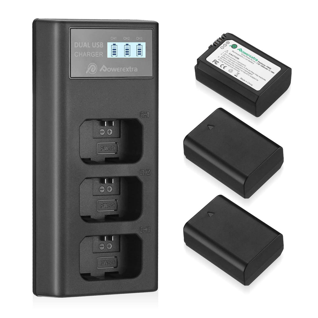 Powerextra NP-FW50 Rechargeable Battery Charger Set for Sony A6000 A6500 A6300 A7 A7II A7SII A7S A7S2 A7R A7R2 A7RII A55 A510 RX10 RX10II (3 Pack Batteries and 3 Channel Charger LCD Display)