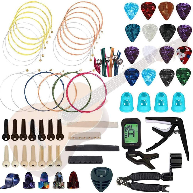 Qukpa 66 PCS Guitar Accessories Kit for Acoustic Guitar Including Strings Tuner Pick Holder Picks Bone Bridge Nuts and Saddles Pin Capo Restring Tools
