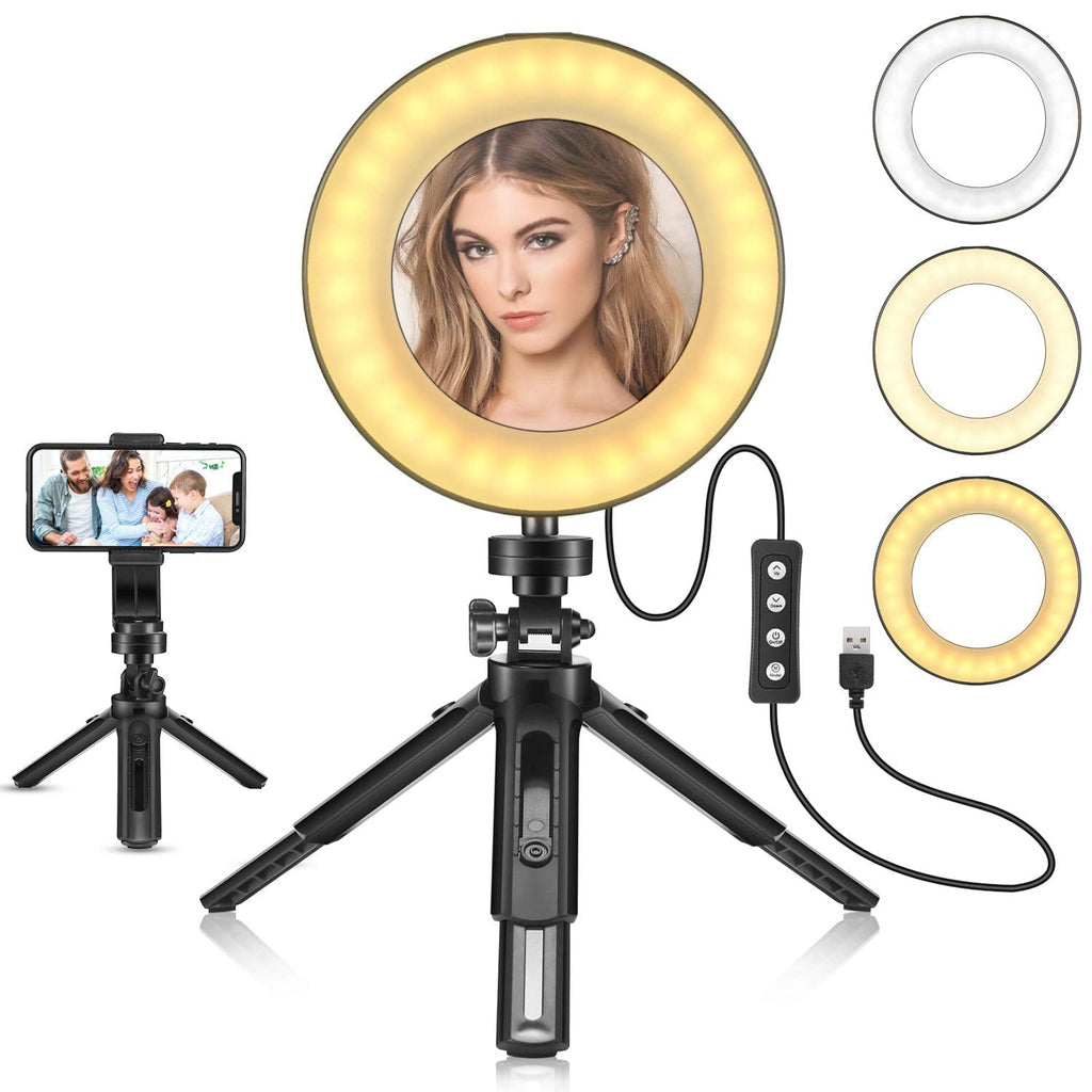 6" LED Selfie Ring Light with Removable Mirror for Makeup Live Streaming and YouTube Video - Mini Dimmable Lamp with 3 Light Modes - Table LED Camera Light with Stand Tripod and Cell Phone Holder 6 Inch