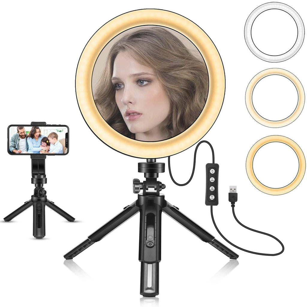 10" LED Selfie Ring Light with Removable Mirror for Makeup Live Streaming and YouTube Video - Mini Dimmable Lamp with 3 Light Modes - Table LED Camera Light with Stand Tripod and Cell Phone Holder 10 Inch
