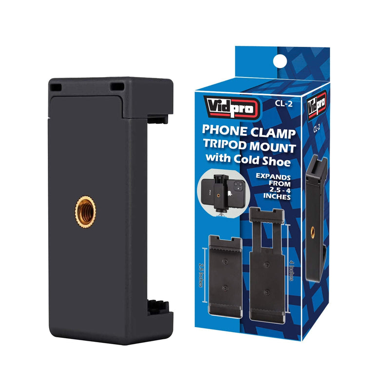 Vidpro CL-2 Tripod Mountable Smart Phone Clamp Cradle with Cold Shoe Mount. 1/4-20 Socket Attaches to Tripods, Monopods, Spring Clamp Accepts Phones up to 4 Inches Wide. Mount Lights, Microphones.