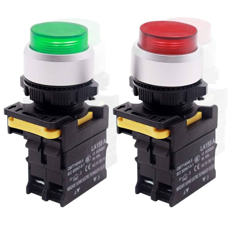mxuteuk 2Pcs High Head Red Green LED Light Voltage 110V-220V 22mm 1NO1NC Waterproof IP65 SPST Momentary Push Button Switch 10A 600V LA155-A1-GTFW 1NO Momentary