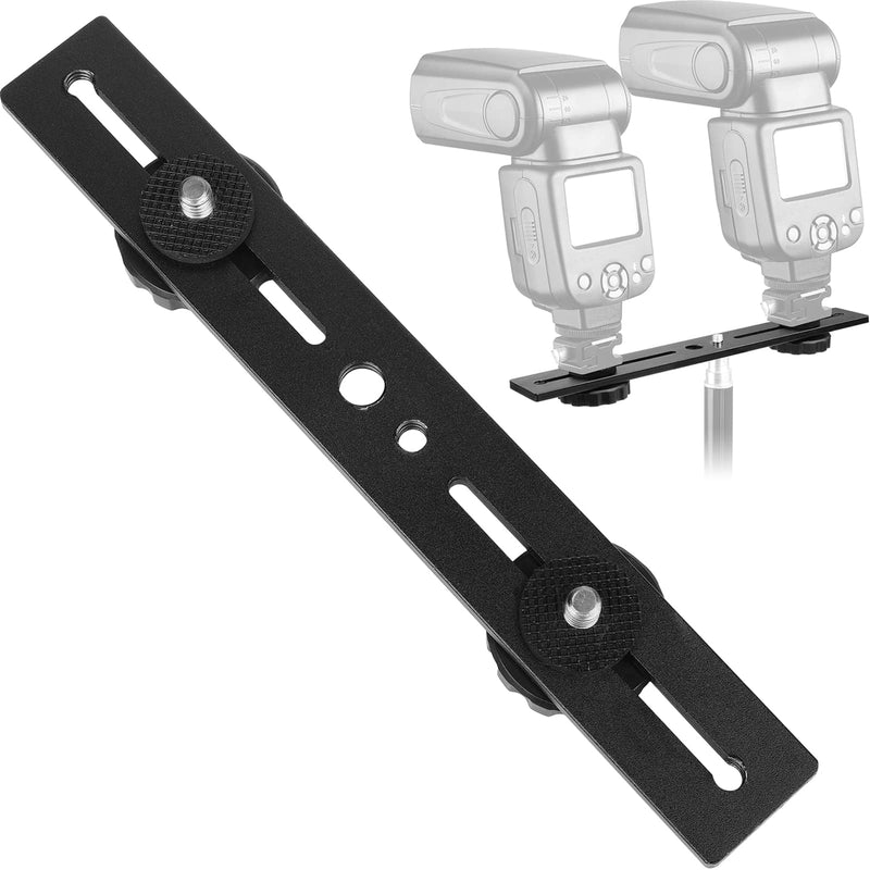 Dual Camera Mount Flash Extension Bar, ChromLives 8"/20.3cm Tripod Bracket Mount, 1/4'' Dual Hot Shoe Mount for Camera Compatible with LED Light, DSLR Camera, Tripod and More dual camera bracket
