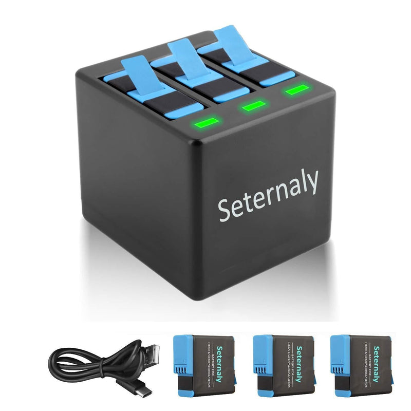 Seternaly Hero 8/7/6 Replacement Batteries(3-Pack) with 3-Channel USB C Charger for GoPro Hero 8，Hero 7 Black，Hero 6,Hero 5,Hero 2018, AHDBT-501(Fully Compatible with Original)
