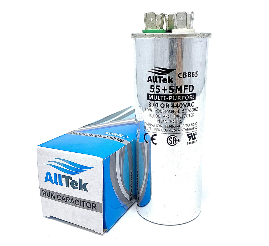 AllTek 55+5 MFD 55/5 uf 370 or 440 Volt Dual Run Round Capacitor for Condenser Straight Cool or Heat Pump Air Conditioner - 5 Year No Hassle Warranty