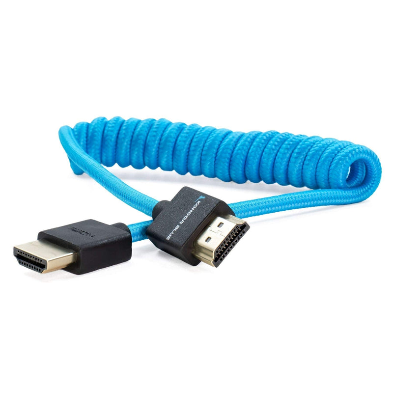 KONDOR BLUE Full HDMI Thin Short Cable | 2.0 High Speed 4K 3D HDR Nylon Braided Coiled Cable for On-Camera Film Cinema Monitors | 3840 x 2160-30Hz | 18Gbps MetaData | 12"-24" | Blue Coiled Braided | Full HDMI