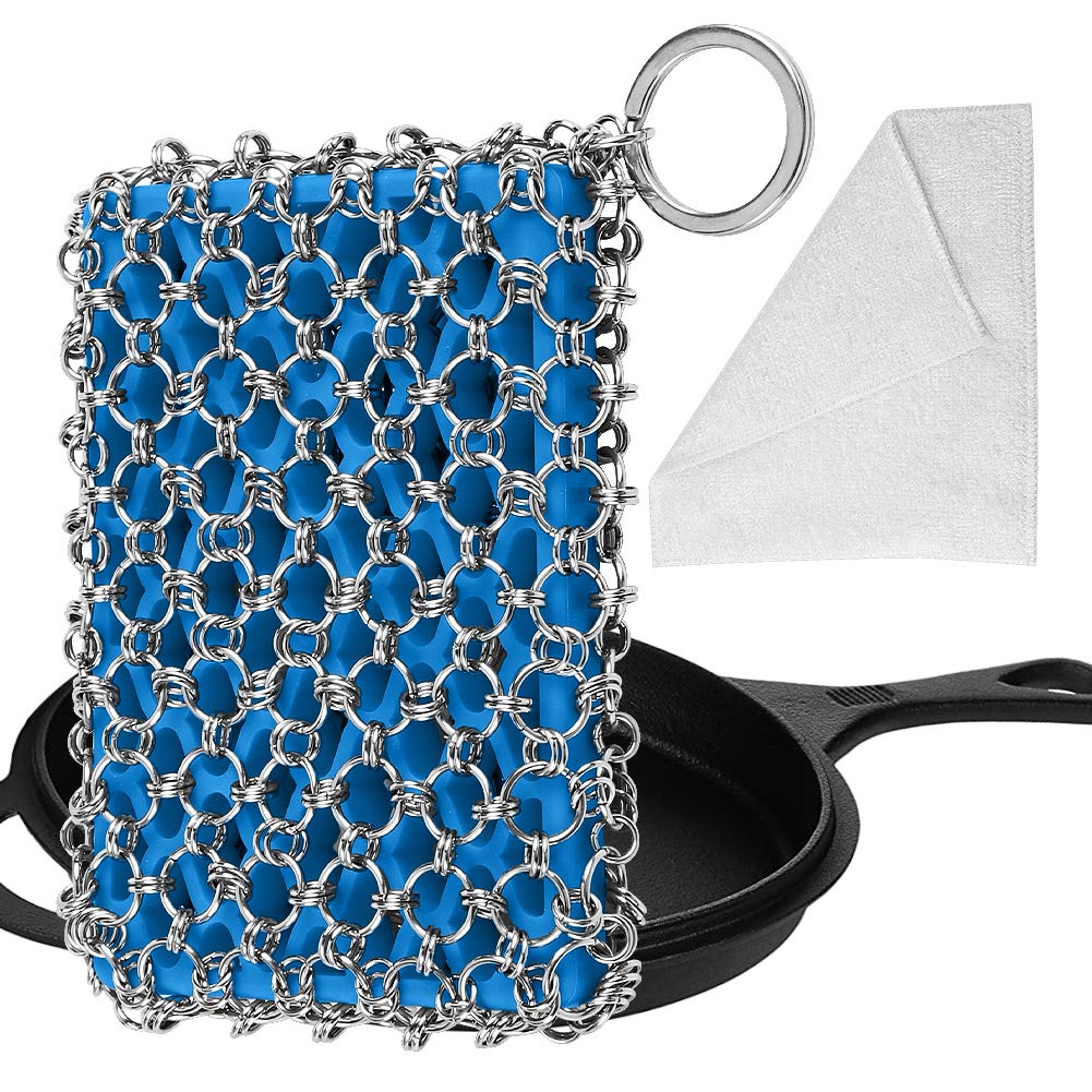 Cast Iron Chainmail Scrubber,Upgraded Iron Skillet Cleaner with Scouring Cloth,316 Stainless Steel Chain Scrub Metal Scraper Clean Care Accessories for Castiron Pan Griddle Frying Pan Wok (Blue) Blue