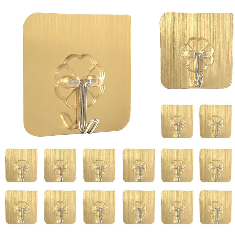 Golden Self Adhesive Hooks No Drilling Wall Hooks Bathroom Hooks Kitchen Hooks Waterproof and Oilproof -16 Pack