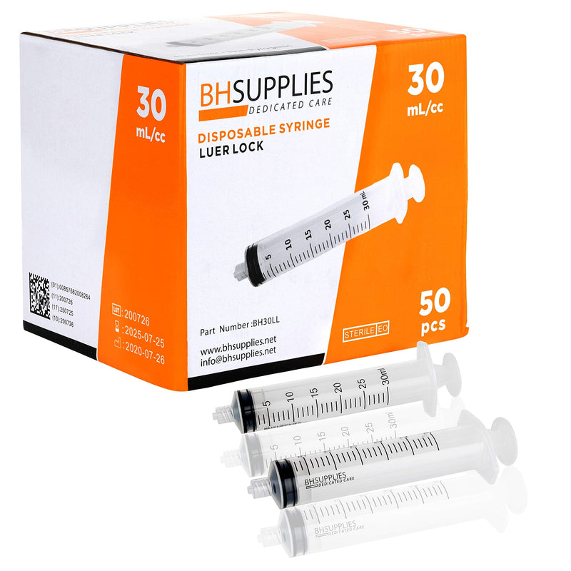 30ml Syringe Sterile with Luer Lock Tip - 50 Syringes by BH Supplies (No Needle) Individually Sealed