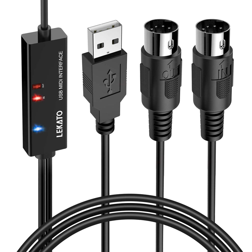 LEKATO MIDI to USB Interface MIDI Cable Adapter, 5-Pin DIN MIDI USB Cable with Input & Output Connecting with Keyboard/Synthesizer for Editing & Recording Track Work with Windows/Mac for Studio-6.5Ft
