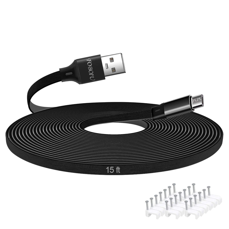 Micro USB Cable 15FT, Foboiu 15FT Micro USB Extension Cable, Charging and Data Sync Cord for Yi Camera, Nest Indoor Cam, Blink and Other Security Cam, Smartphones(Black) 15 feet Black