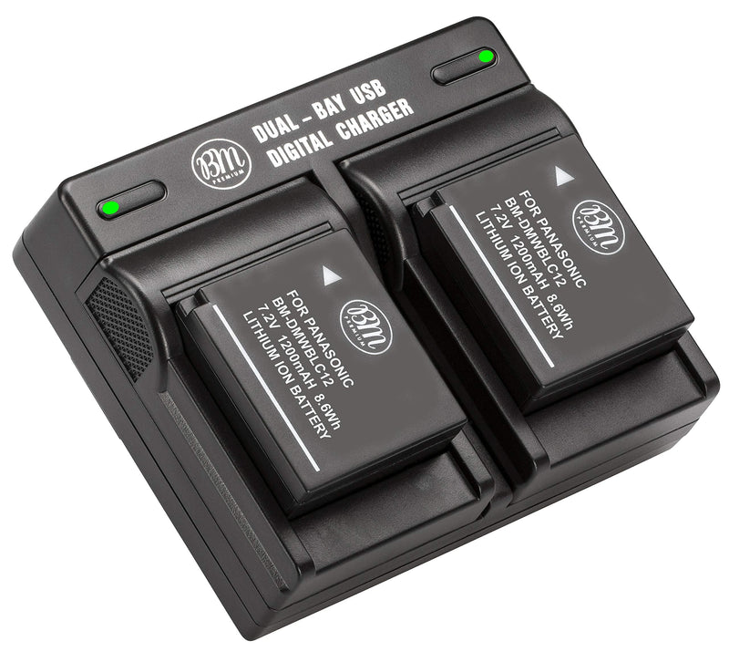 BM Premium 2 Pack of DMW-BLC12 Batteries and Dual Bay Charger for Panasonic Lumix DC-FZ1000 II DC-G95 DMC-G85 DMC-GH2 DMC-G5 DMC-G6 DMC-G7 DMC-GX8 DMC-FZ200 DMC-FZ300 DMC-FZ1000 DMC-FZ2500 Cameras