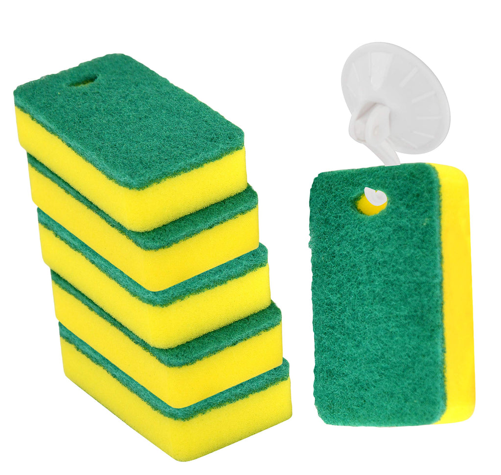 HOME-X Kitchen Sponge and Holder Set, Cleaning Sponges with Scrub Pads, Sponge Drying Hook, Pack of 6, Sponge: 4 ½" L x 2 ½" W x 1 1/8" H, Green/Yellow