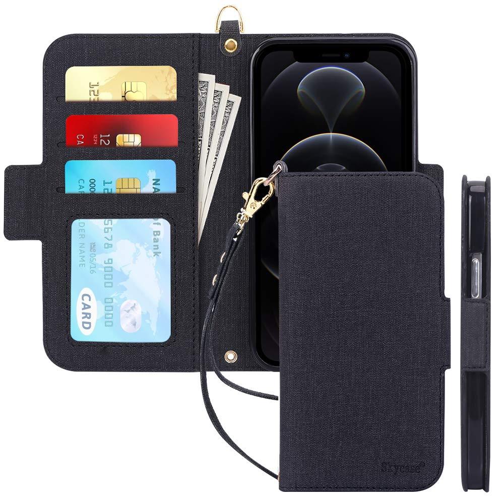 Skycase Compatible for iPhone 12 Case/Compatible for iPhone 12 Pro Case 5G,[RFID Blocking]Handmade Flip Folio Wallet Case with Card Slots and Detachable Hand Strap for iPhone 12/12 Pro 6.1" 2020,Black Black
