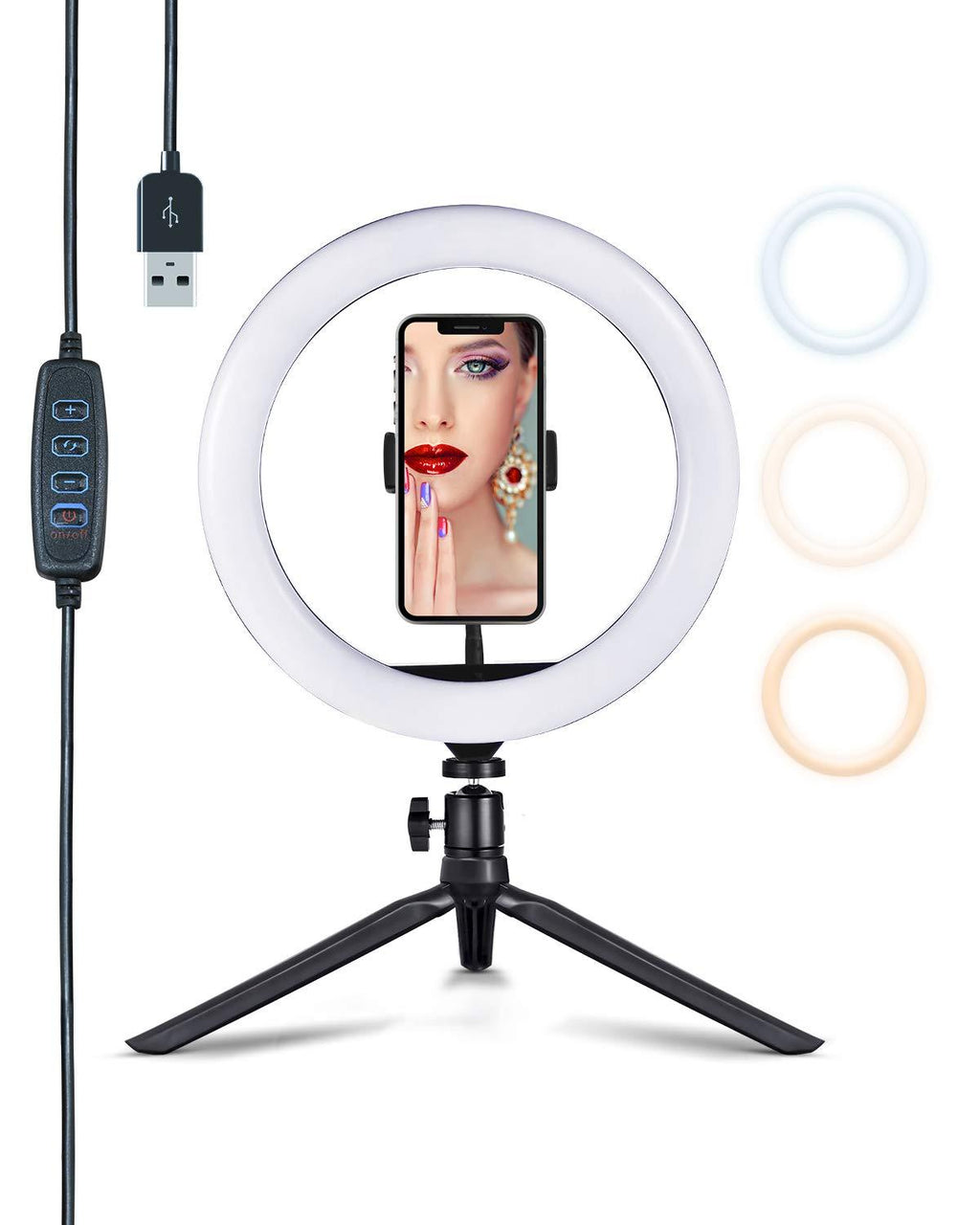 10" Selfie Ring Light with Tripod Stand & Cell Phone Holder 3 Light Modes for Live Stream/Makeup/YouTube Video/LED Dimmable Beauty Ringlight Black