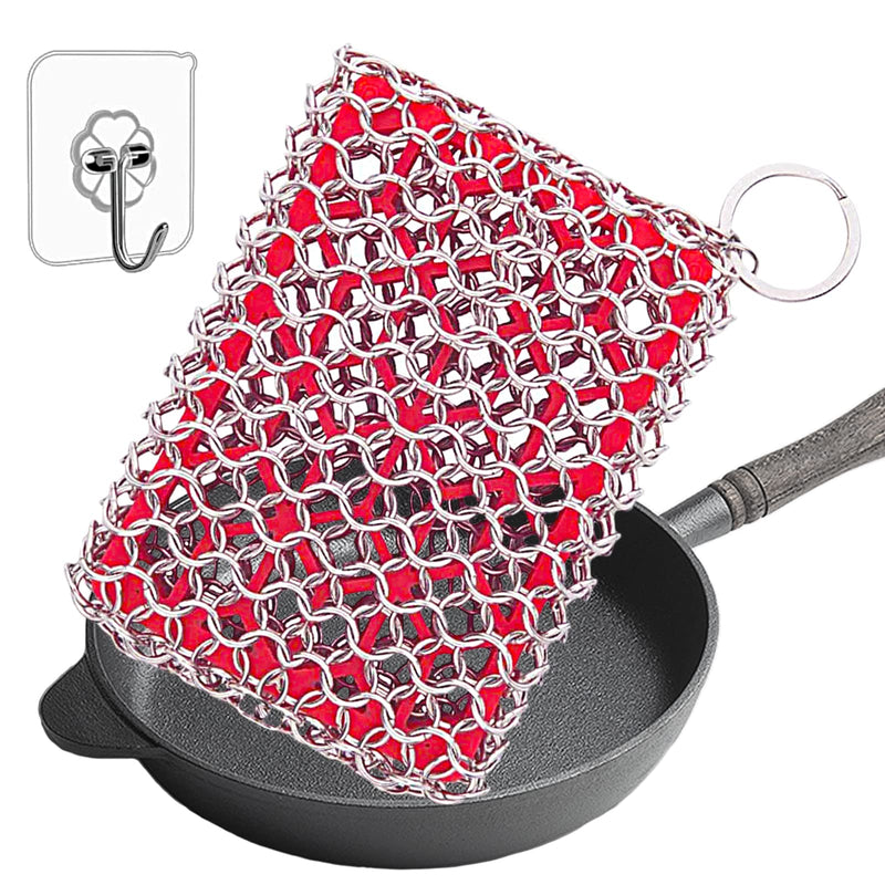 Cast Iron Cleaner,Stainless Steel Cleaner Chain Iron Scrubber with Silicone Insert,Chainmail Scrubber for Cast Iron Pans Cookware Skillet Dishwasher,Kitchen Tools Gadught (Cleaner Red)
