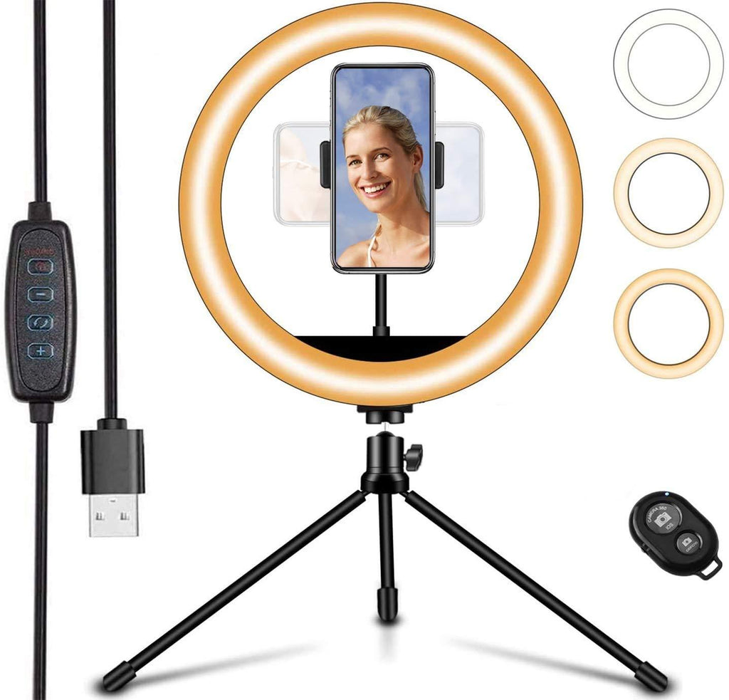 LED Ring Light 10" Selfie Ring Light with Tripod Stand & Phone Holder, Dimmable Desk Makeup Light, Perfect for Live Streaming, TikTok, YouTube Video, Photography (1 Phone Holder)