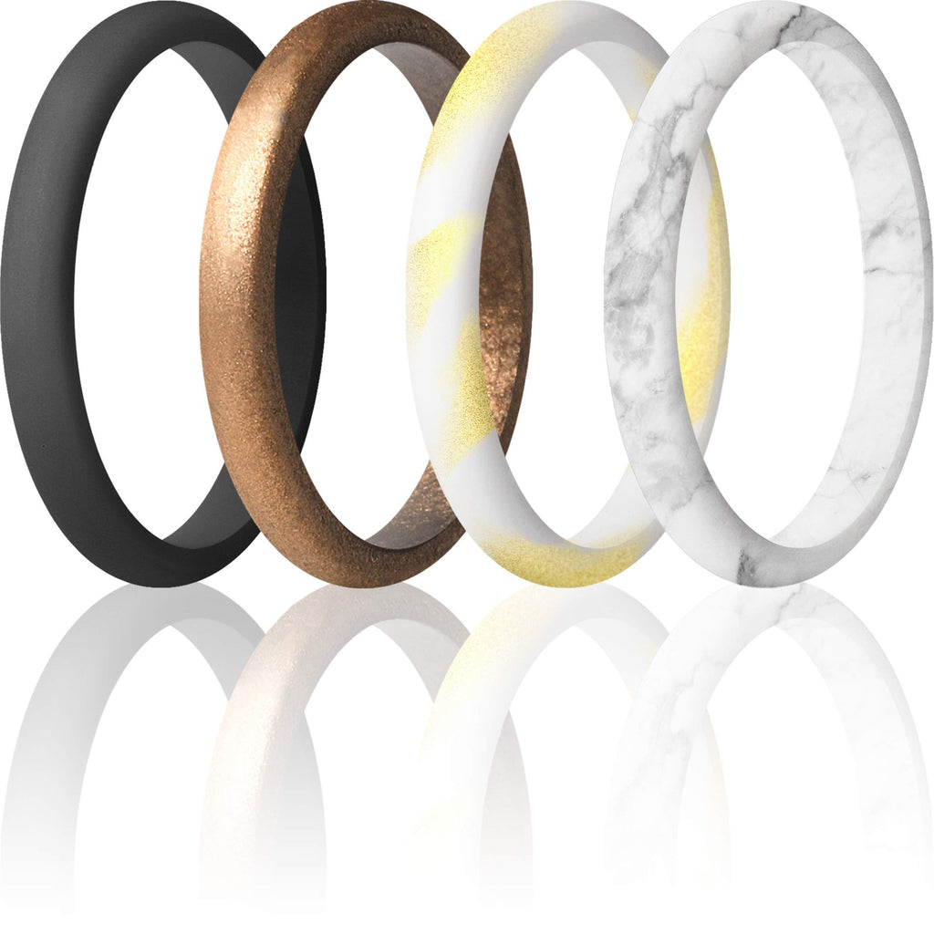 ThunderFit Women's Thin and Stackable Silicone Rings Wedding Bands - 2.5mm Width - 1.8mm Thick Bronze, Marble Gold, Marble, Black 3.5 - 4 (14.9mm)