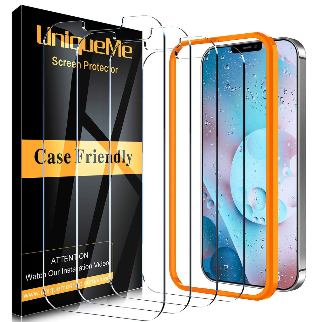 [4 Pack] UniqueMe Compatible with iPhone 12 Pro Max 6.7 inch - Screen Protector Tempered Glass, [Case Friendly] 9H Hardness [Alignment Frame Easy Installation] [U-Shaped Cutout] Bubble Free