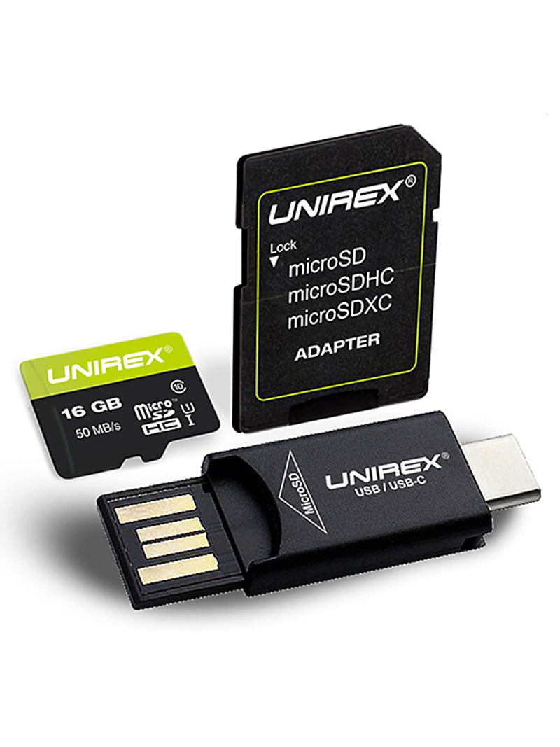 Unirex 16GB U1 MicroSD Card with SD Adapter and USB A to USB C MicroSD Reader, Reads MicroSD, MicroSDHC, MicroSDXC | Compatible with Laptop, or Tablet, Smartphone Black