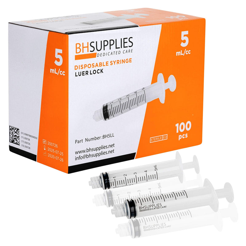 [AUSTRALIA] - 5ml Syringe Sterile with Luer Lock Tip - 100 Syringes by BH Supplies (No Needle) Individually Sealed 
