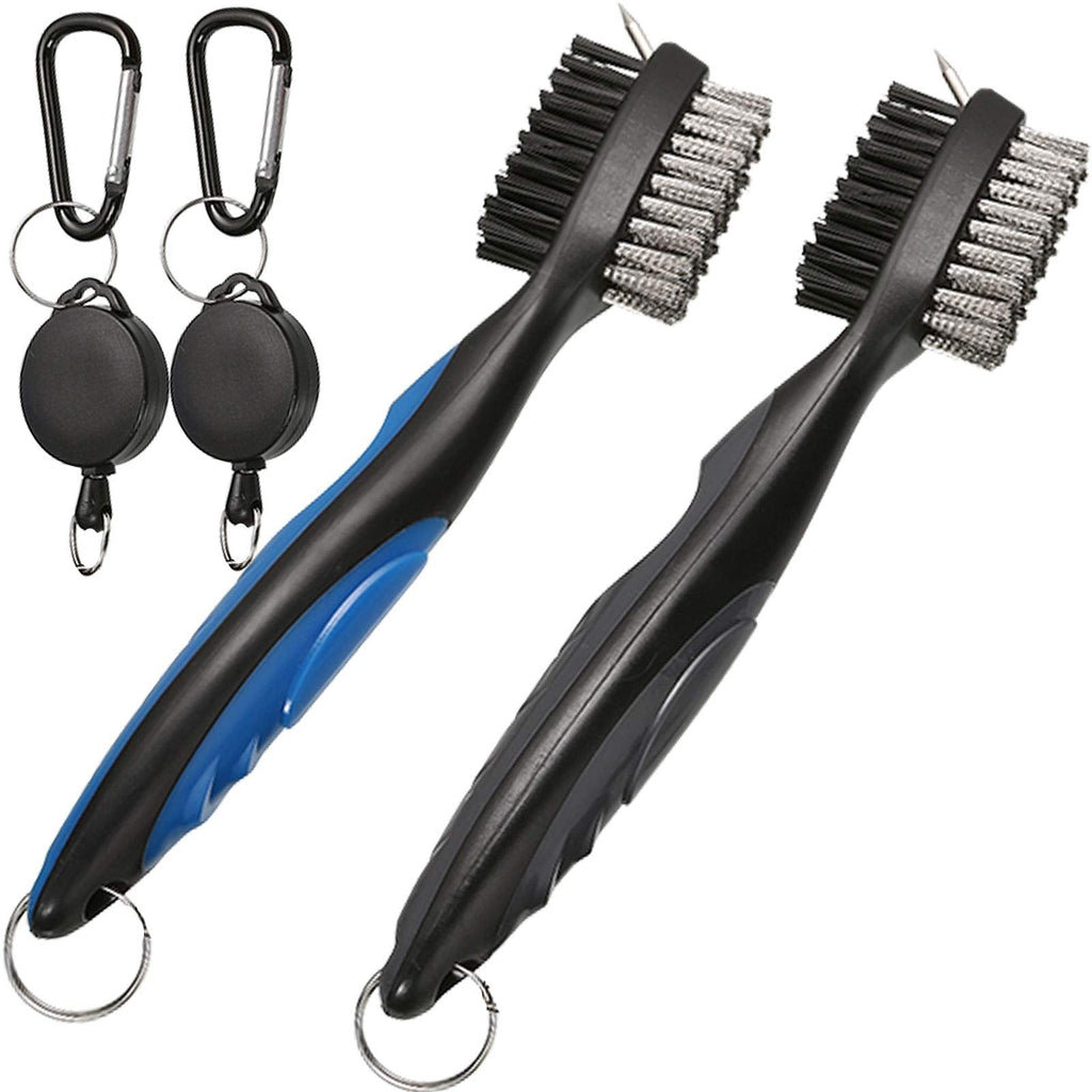 Borogo Pack of 2 Golf Club Brush Groove Cleaner with 2 Ft Retractable Zip-line and Aluminum Carabiner Cleaning Tools Black + Blue