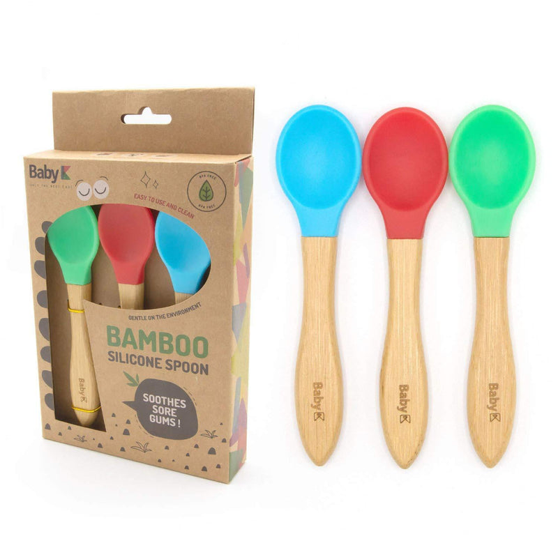 BABY K Self Feeding Bamboo Baby Spoons (Red,Blue & Green) - Baby Led Weaning Spoon for First Stage Infant - PVC Free Soft Silicone Tip - Gum Friendly Training - Perfect Size for First Time Eaters Red Blue Green Bundle