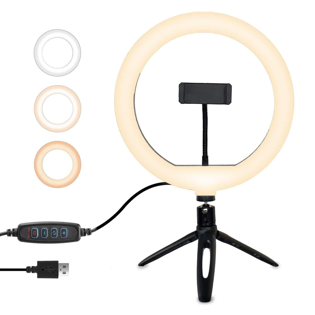 Fustarky 10 INCH Selfie Ring Light Tripod with Phone Holder 3 Colour Modes for Live Streaming/Make up/Outdoor Activities/Journey