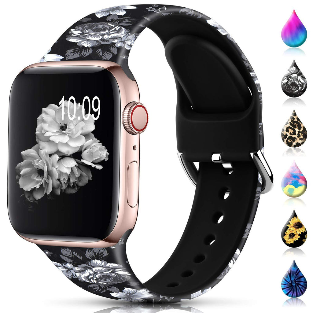 Sport Band Compatible with Apple Watch Bands 38mm 40mm 42mm 44mm for Women Men,Floral Silicone Printed Fadeless Pattern Replacement Strap Band for iWatch Series 3, Series 5,Series 6,Series 4,Series 2 Black Flower 38MM/40MM S/M