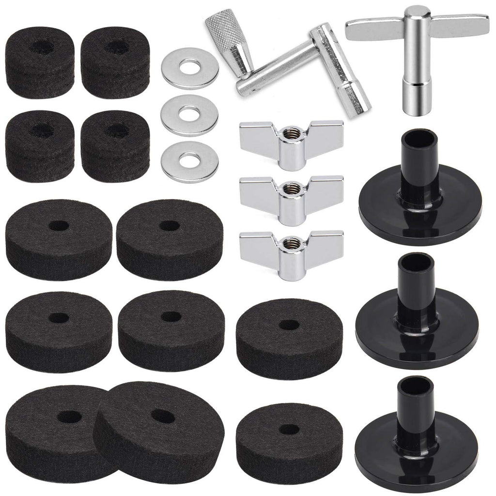 Facmogu 23PCS Cymbal Replacement Accessories, Cymbal Stand Felts, Drum Cymbal Felt Pads Include Wing Nuts, Washers, Cymbal Sleeves & Drum Key - Black