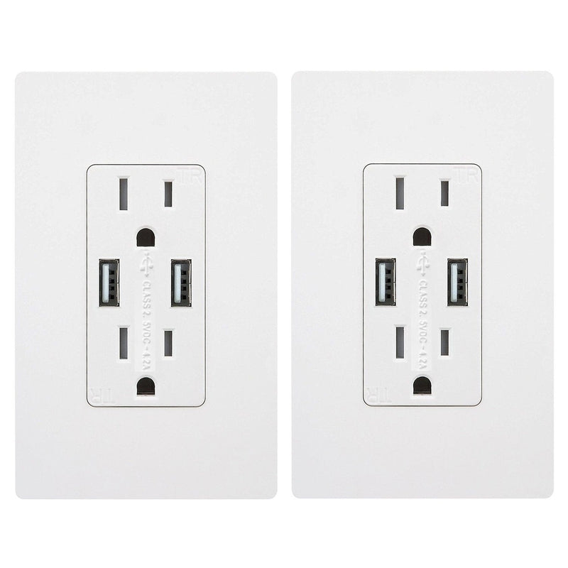 Outlet with USB High Speed Charger 4.2A Charging Capability,Duplex Receptacle 15 A, Tamper Resistant Wall socket USB Outlet,Child Proof Safety,Screwless Wall Plate,White (2 Pack) 2pack