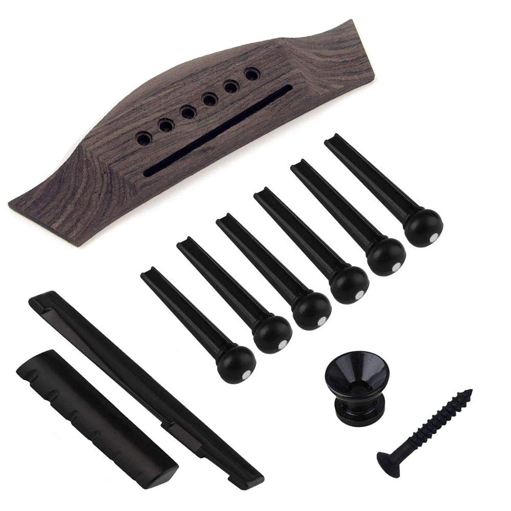 Jiayouy 6 String Acoustic Guitar Rosewood Bridge Saddle Nut Pins Set Including Bridge & Six Bridge Pins & End Pin & Saddle and Nut Replacement Parts - Style A,Black