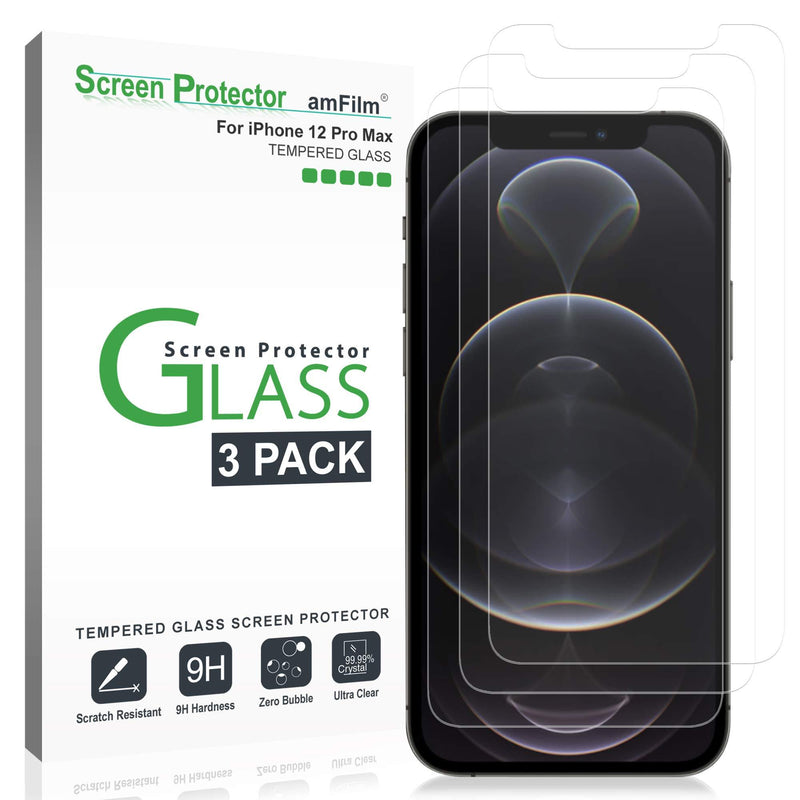 amFilm Glass Screen Protector Compatible for iPhone 12 Pro Max (6.7" Display, 2020), Tempered Glass with Easy Installation Tray (3 Pack)