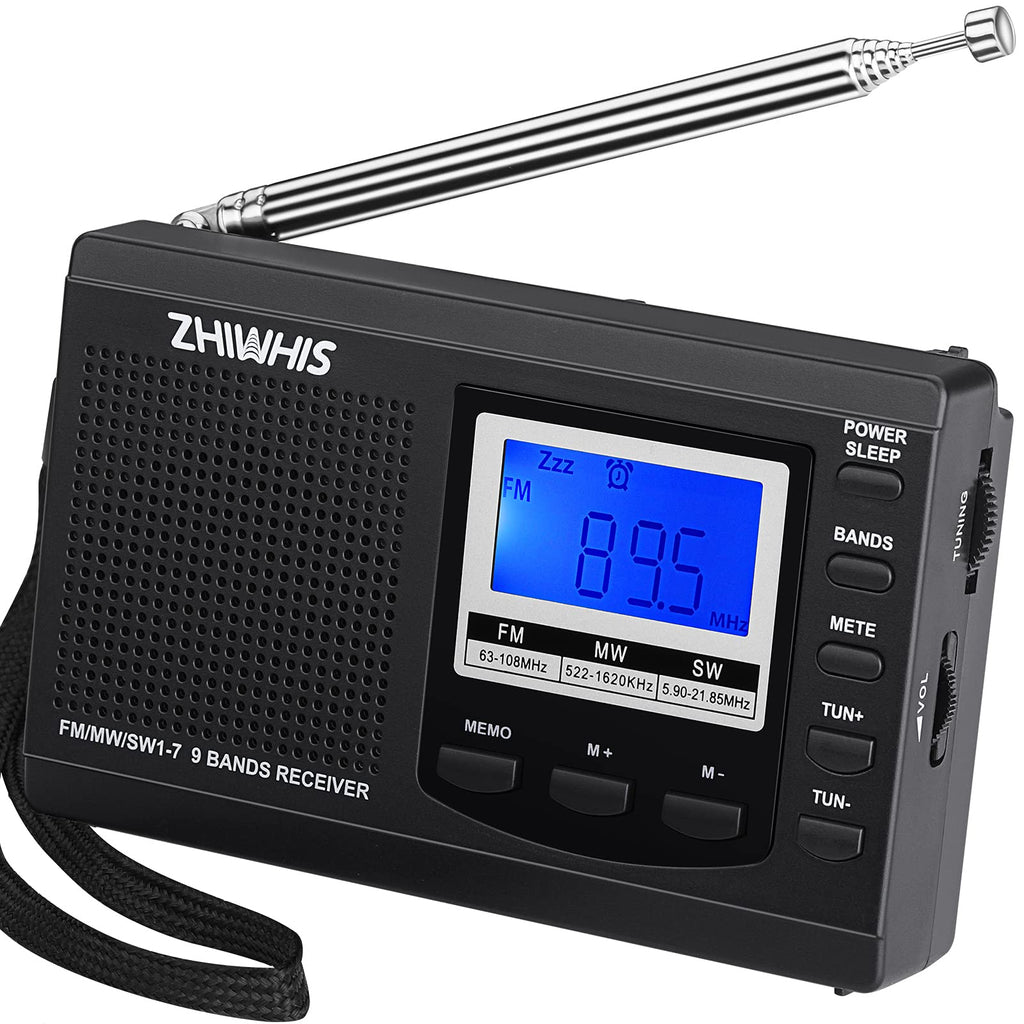 Portable Radio, ZHIWHIS AM FM Shortwave Radios with Best Reception, Battery Operated Clock Radio with Preset Function, Alarm Clock Digital Tuner with Sleep Timer black