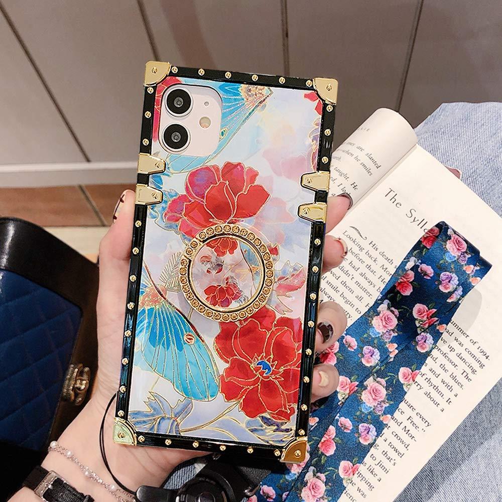 Compatible iPhone 12 pro max 6.7“ Case, BABEMALL Premium Retro Elegant Blu-ray Floral Pattern Four Corner Protective Strap Case with Holder - Gorgeous Flower/Red Gorgeous Flower /Red for iPhone 12 pro max 6.7“