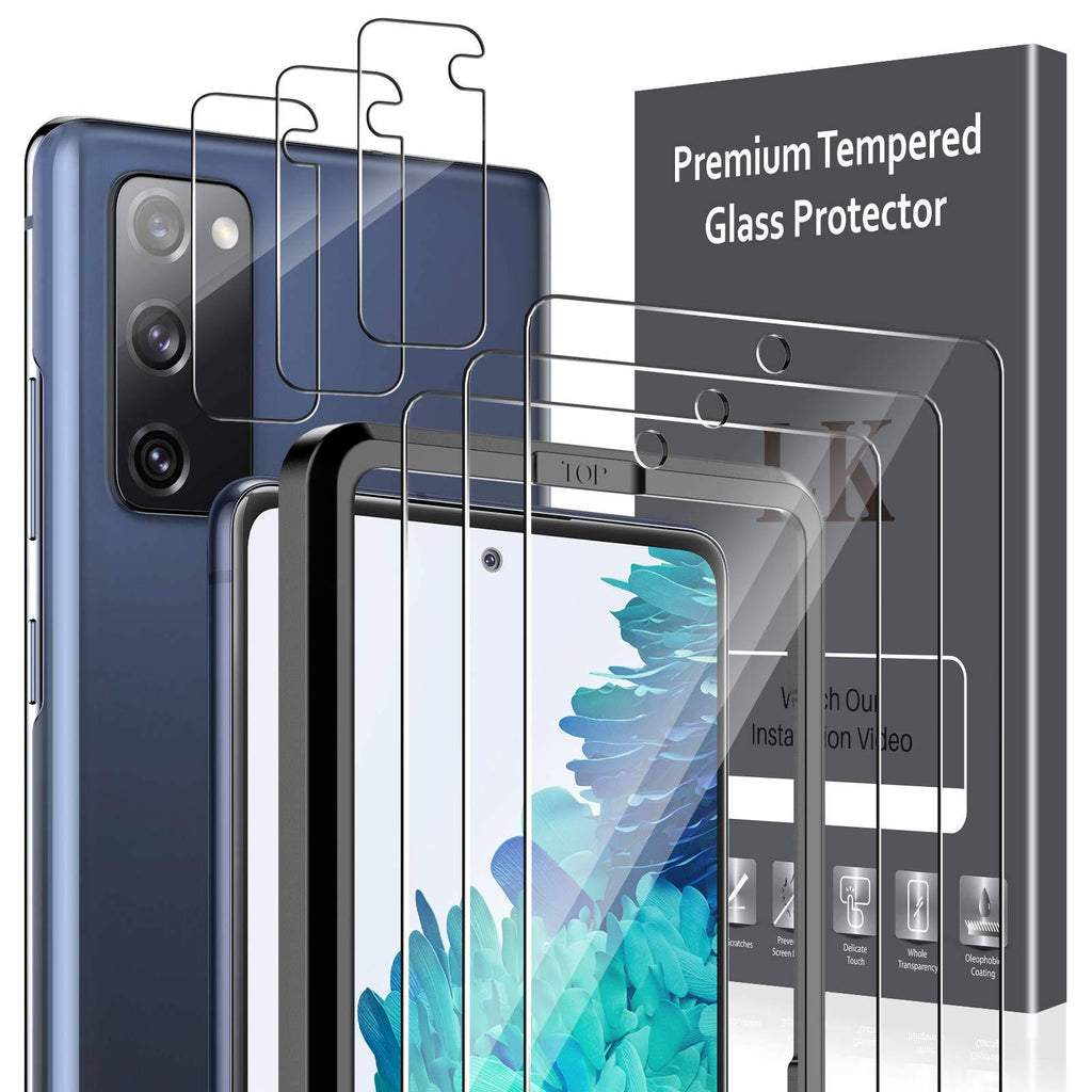 6 Pack LK 3 Pack Screen Protector & 3 Pack Camera Lens Protector Compatible with Samsung Galaxy S20 FE 5G 6.5-inch, Tempered Glass, Easy Frame Installation, Support Fingerprint Reader, Case Friendly