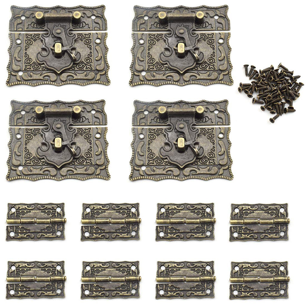 Antique Engraved Decorative Hasp Latch & Hinges Kit, OZXNO 4 PCS 68 x 58 mm Rectangle Zinc Alloy Hasp Clasp and 8 PCS Vintage Bronze Hinges with Screws for Jewelry Box Cabinet Drawer Rectangle Kit