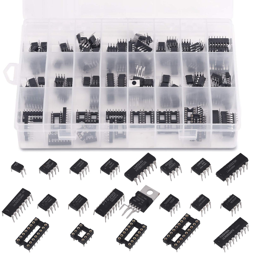 Keadic 169Pcs 21 Values Integrated Circuit Chip Assortment Kit, 2.54mm IC Sockets 8 14 16 18 Pins, LM324 LM358 LM386 LM393 LM339 NE5532 NE555 ULN2003 ULN2803 JRC4558 PC817 for Opamp Single Precision