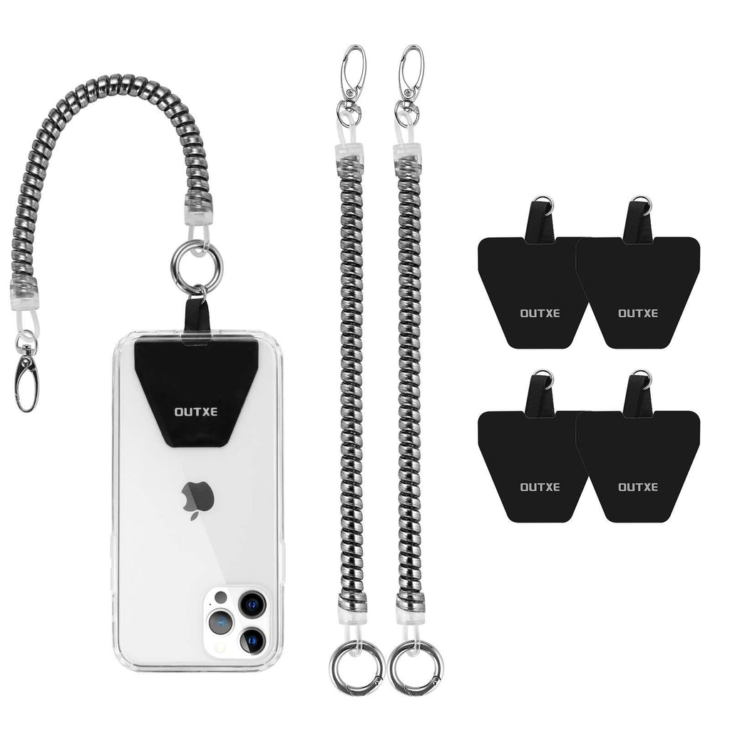 OUTXE Phone Lanyard Tether with 4 Patch- 2× Phone Tether, 4× Phone Patch with Adhesive, Universal Stretchy Lasso Straps for Keep Phone Safe Compatible with Smartphones- Silver