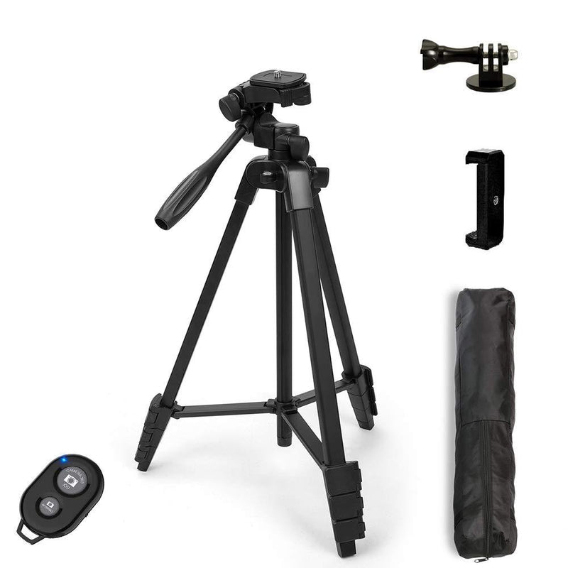 Dezuo 54” Camera Tripod Stand for Phone, DSLR, Webcam, Projector, Gopro with Universal Cellphone Mount, Bluetooth Remote Shutter and Gopro Adapter with Carry Bag (Matte Black) 54"-Black