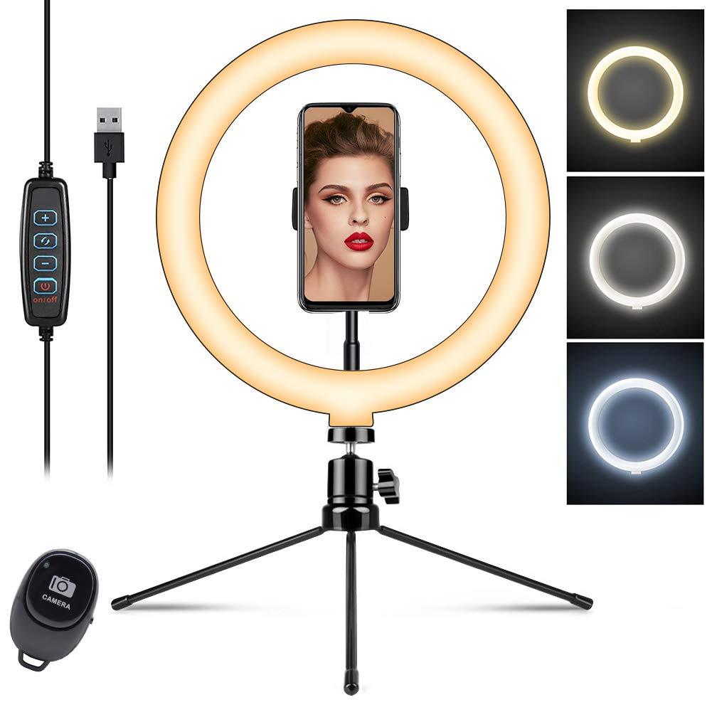 LED Ring Light 10" selfie with Tripod Stand & Phone Holder for Live Streaming & YouTube Video, Dimmable Desk Ring Light for Photography, Shooting with 3 Light Modes & 10 Brightness Level,Self-Portrait