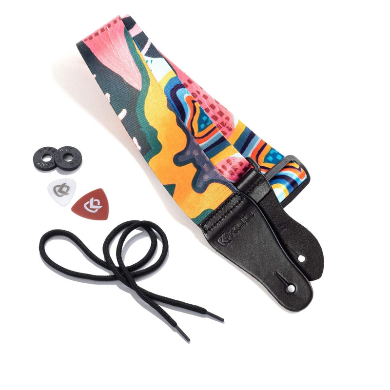 [AUSTRALIA] - KLIQ Vintage Woven Guitar Strap for Acoustic and Electric Guitars + 2 Free Rubber Strap Locks, 2 Free Guitar Picks and 1 Free Lace | Terylene Printed | Artist Series "Anemone" by KLA "Anemone" 