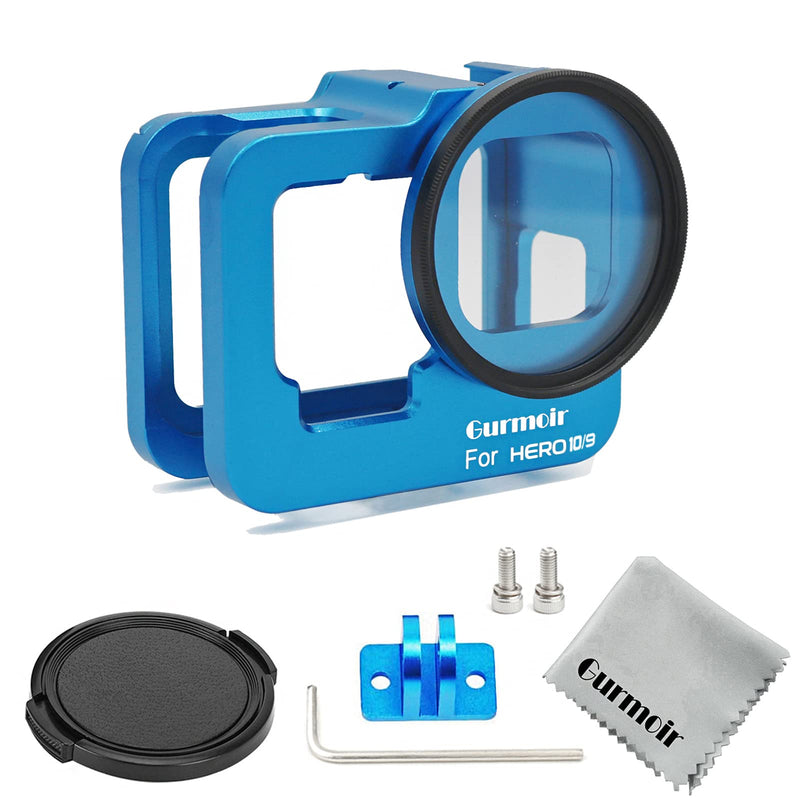 Gurmoir Aluminum Alloy Case for Gopro Hero 10/Hero 9 Black Action Camera, Back Door Case Metal Frame Housing.Side Open Wire Connectable Protective Cage with 52mm UV Filter for Gopro Hero 10/9 (Blue) Aluminum Case for Gopro Hero 10/9 Black Blue